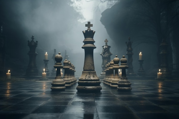 Dramatic chess pieces surrounded by a mystical ambiance