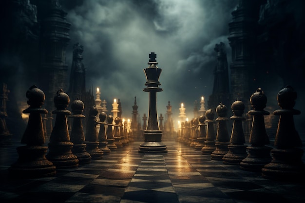 Драматические шахматные фигуры, окруженные мистической атмосферой.