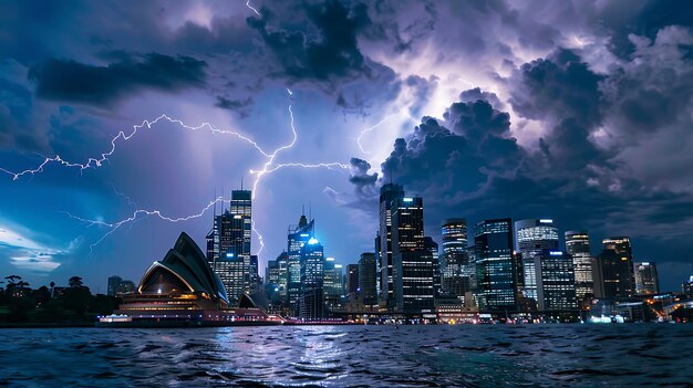 A dramatic cityscape of a modern city with a stormy sky and lightning bolts The city is reflected in the water below