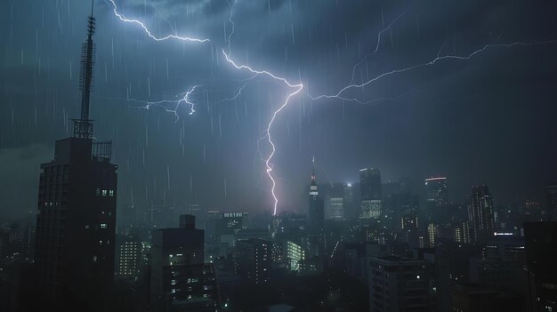 激しい雷雨の都市風景 暗い雲と明るい雷は 危険と興奮の感覚を生み出します