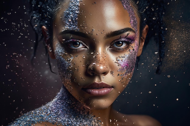 Photo a dramatic close up of a woman's face with bold makeup