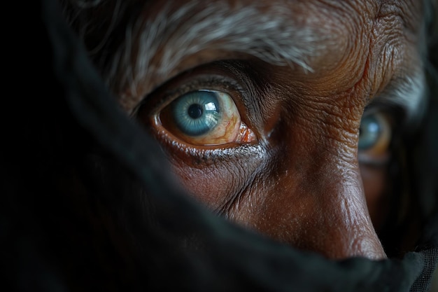 Драматический крупный план показывает ярко-голубой глаз пожилого человека, подробно описывающий текстуры и цвета возраста