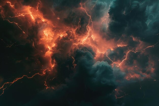 Foto una nube drammatica piena di fulmini arancione e giallo adatta per disegni legati al tempo