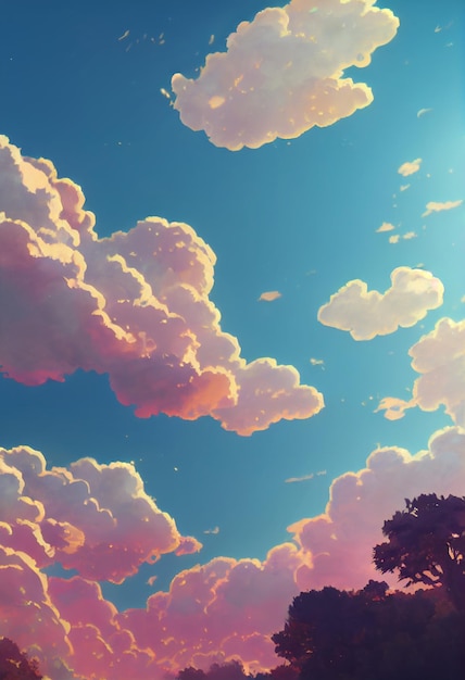 Dramatic clouds in a beautiful rural nature garden an illustration in an anime background