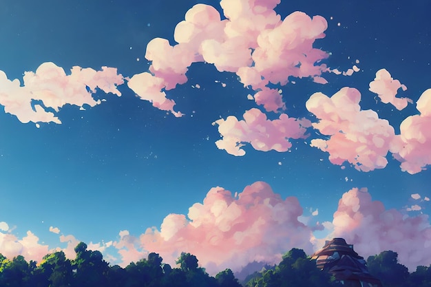 Dramatic clouds in a beautiful rural nature garden an illustration in an anime background