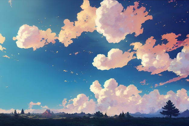 美しい田舎の自然庭のドラマチックな雲 アニメの背景のイラスト