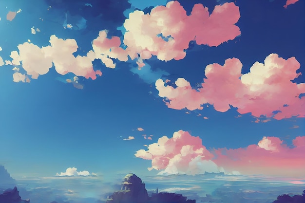 Dramatic clouds in a beautiful rural nature garden an illustration in an anime background