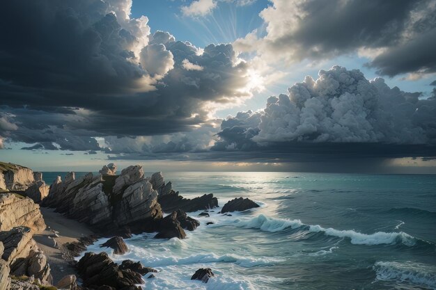 Foto nuvole spettacolari sopra una spiaggia rocciosa