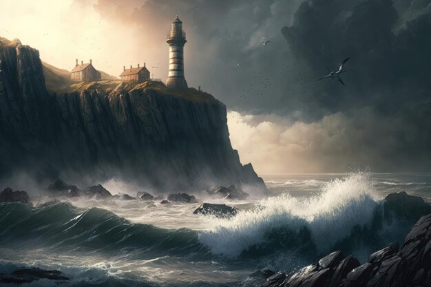 Photo dramatic coastline with towering cliffs crashing waves and a lighthouse standing tall