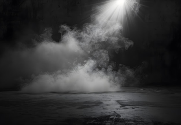 Dramatic dark scene with smoke fog and rays of light