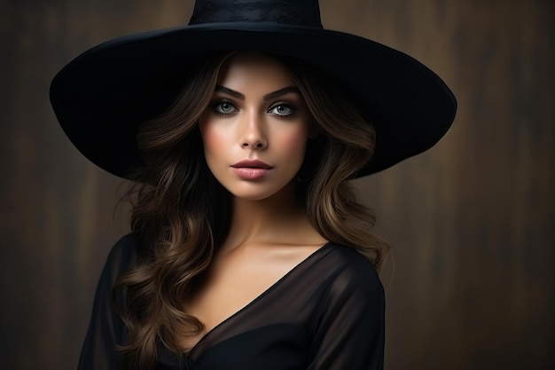 Dramatic dark studio portrait of elegant and sexy young woman in black wide hat and black dress