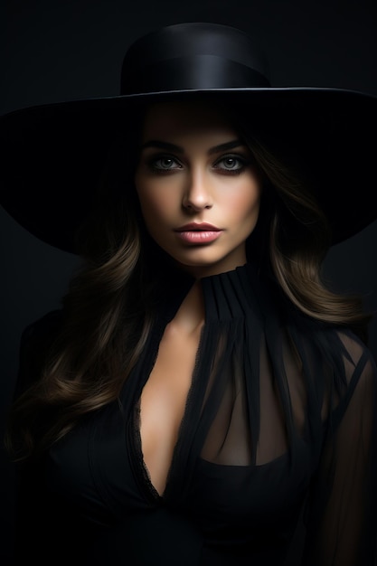 黒い広い帽子と黒いドレスを着たエレガントでセクシーな若い女性の劇的な暗いスタジオの肖像画
