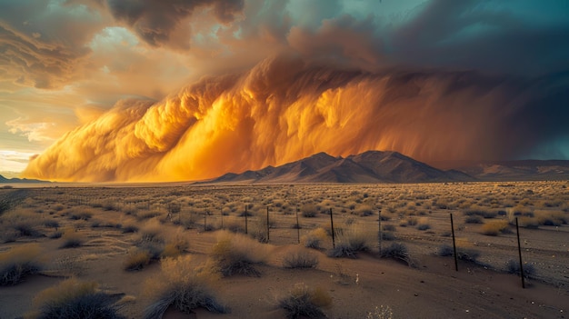 Dramatic Desert Storm Clouds Over Arid Landscape at Sunset with Vivid Orange Light and Dark Ominous