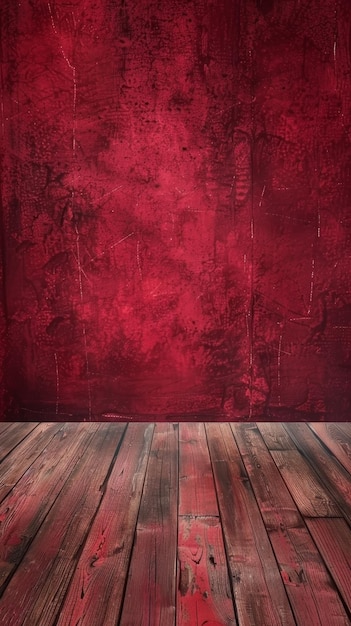 Драматический красный занавес дополняет деревенский красный деревянный пол, создавая сцену, богатую текстурой и глубокими цветами.