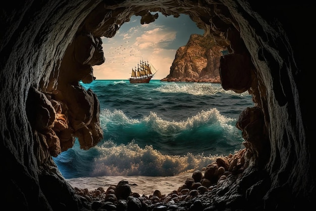 洞窟からの劇的な出口は、人工知能によって生成された緑豊かなエイリアンの風景の上に浮かぶ宇宙船の息をのむような景色を明らかにします