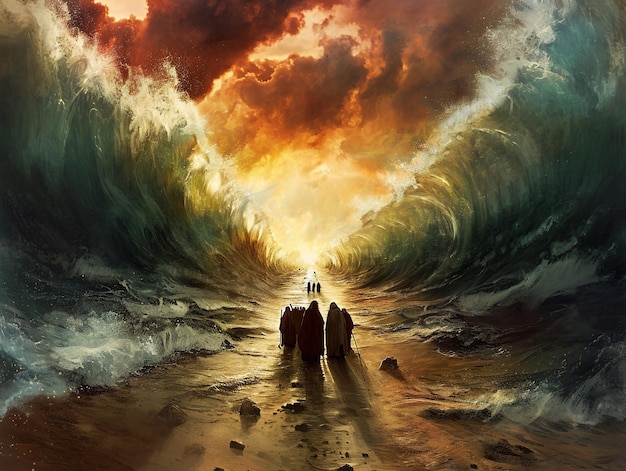 Драматический исход Моисея, разделяющего Красное море.