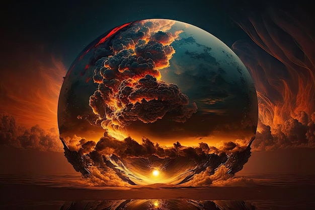 A dramatic fiery sunrise over a globe