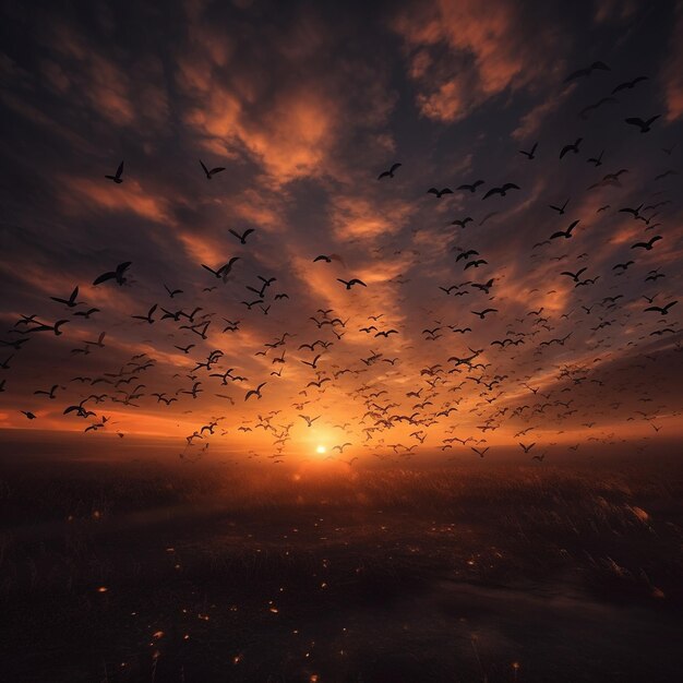 Dramatic flock of birds flying in sunset created with generative AI