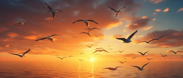 Dramatic flock of birds flying in sunset sky