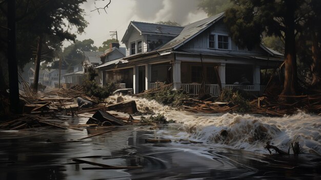 Photo dramatic flooded suburban area with destroyed homes