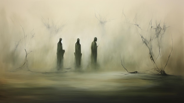 Dramatic Foggy Scene With Three Lone Dead Trees Inspired By Peter Mohrbacher