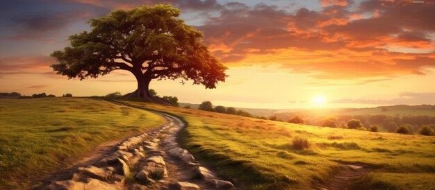 Dramatic Idyllic landscape Field path and sunrise after storm view AI generated image