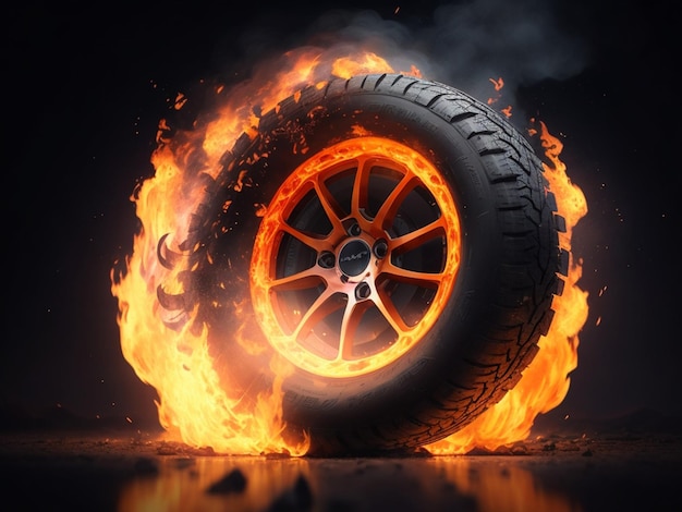 Dramatic illustration of a car wheel tire and cast disc assembly set against a backdrop of fire