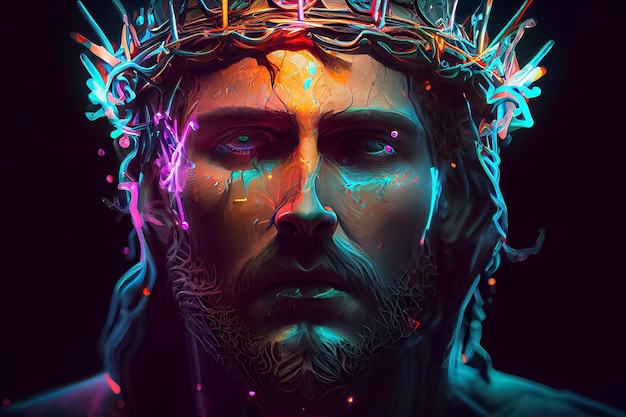 Dramatic illustration of crown in neon color with Jesus AI