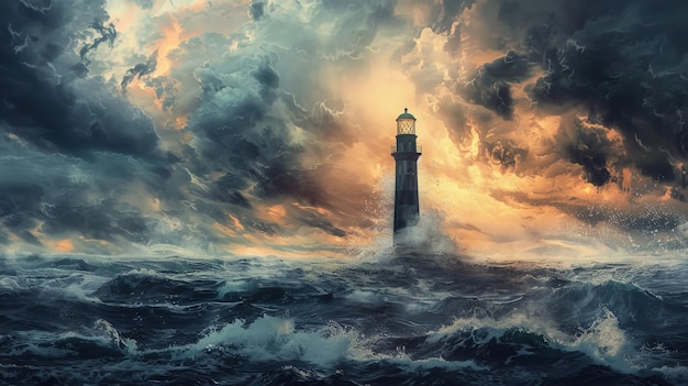 Photo a dramatic illustration of a towering lighthouse standing firm against a backdrop of stormy seas and darkening skies serving as a beacon of hope and guidance for those lost at sea