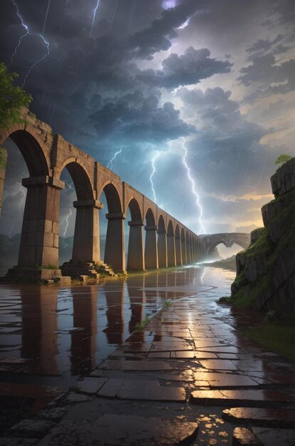 嵐が襲いかかる橋の劇的なイメージ