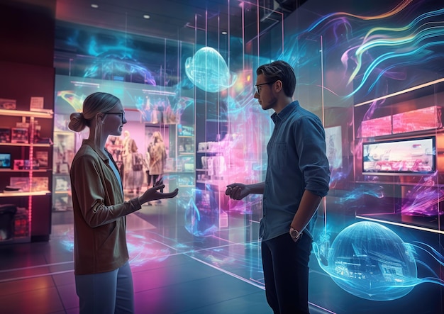 A dramatic image of a customer interacting with a holographic AI assistant in a techsavvy retail st