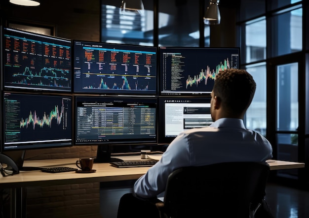 A dramatic image of a financial analyst working alongside an AI assistant on a multiscreen setup a