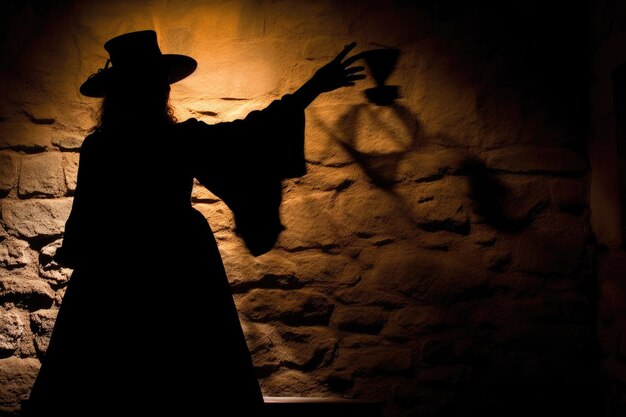 Photo a dramatic image showcasing the silhouette of a witch cast by candlelight onto an old stone wall generative ai