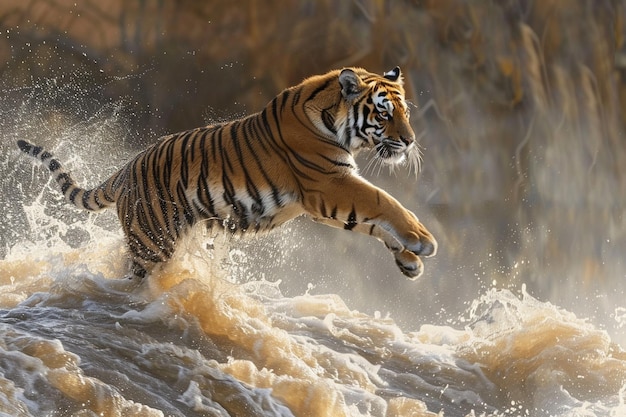 A dramatic image of a tiger leaping across a rushi generative ai