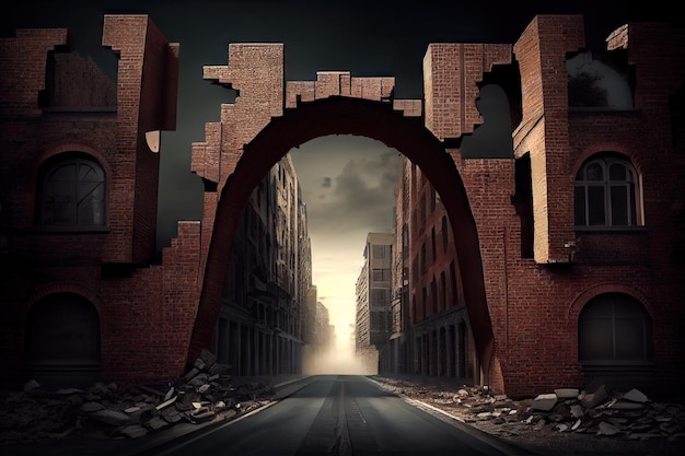 A dramatic and imposing brick wall that spans an entire city block