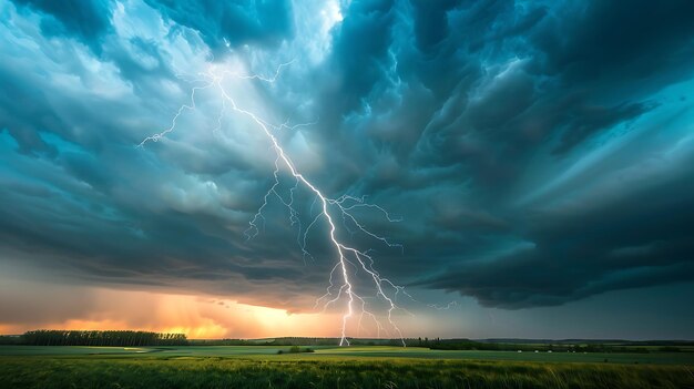A dramatic landscape photo of a lightning storm over a rural field