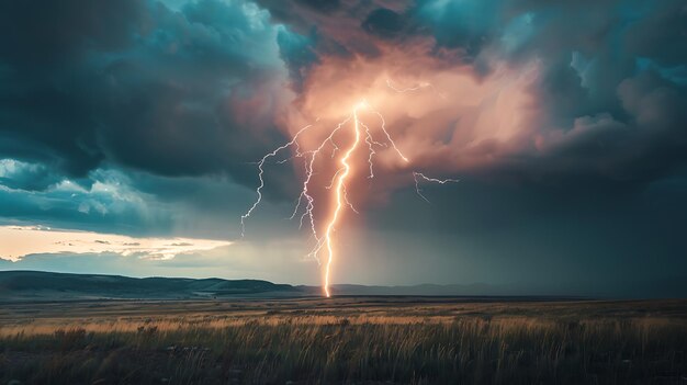 A dramatic landscape photo of a lightning storm over a rural field