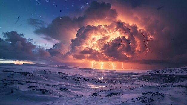 A dramatic landscape photograph of a lightning storm over a snowcovered mountain range