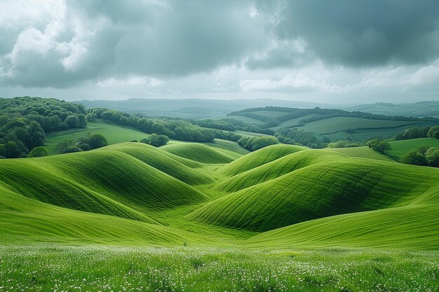 Photo dramatic landscape with rolling hills and brooding clouds
