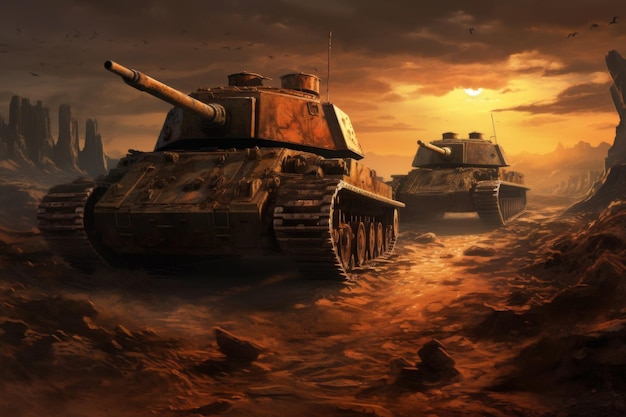 Драматический пейзаж с танковой битвой