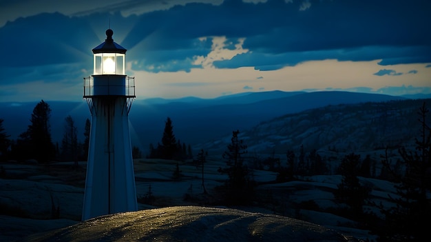 Photo dramatic lighthouse overlooking rugged coastal landscape at dusk