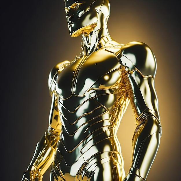 Dramatic lighting to highlight the reflective nature of a humanoid's golden costume