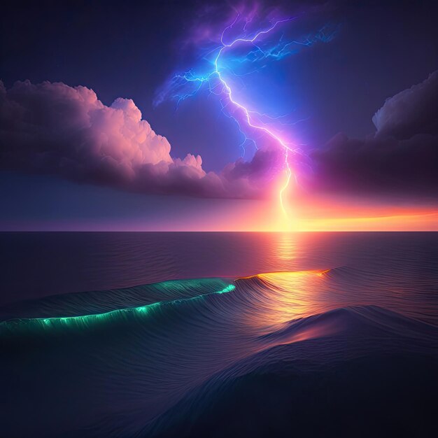 Dramatic lighting, thunder bolt in night sky over sea. Lightening storm. 3D illustration