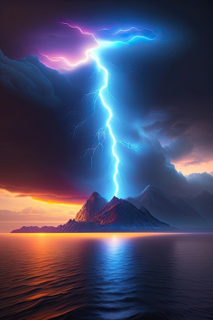 Драматическая молния грома в ночном небе над морем 3D иллюстрация грозы