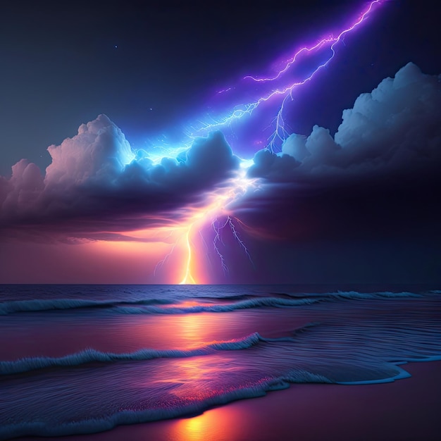 Dramatic lighting thunder bolt in night sky over sea Lightening storm 3D illustration