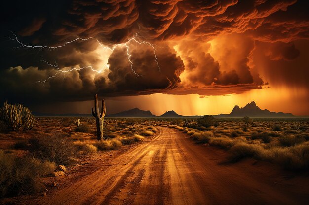 Photo a dramatic lightning storm over a arid landscape