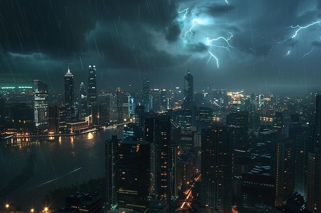 Dramatic lightning storm over the city skyline oct