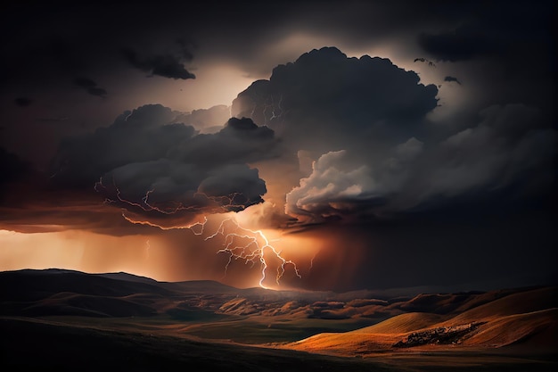 Dramatic lightning storm over rolling hills with dramatic clouds and sky created with generative ai