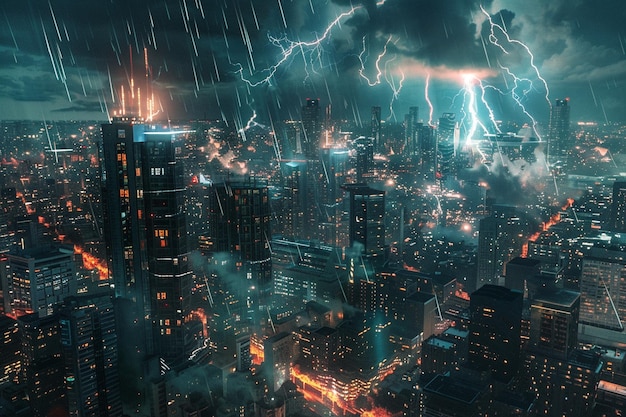 Dramatic lightning strikes over cityscapes