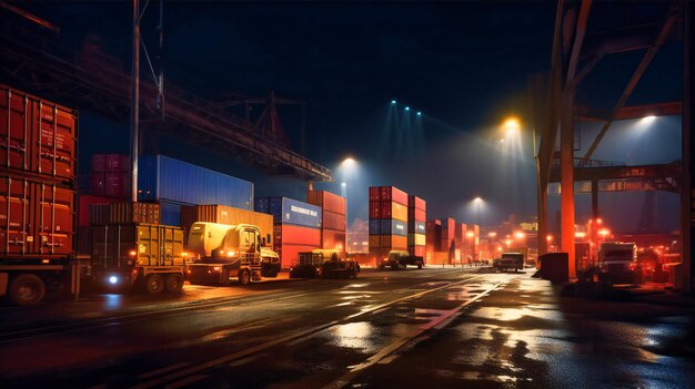 A dramatic low angle night scene of a container truck amidst the towering containers and vibrant lights of a ship port